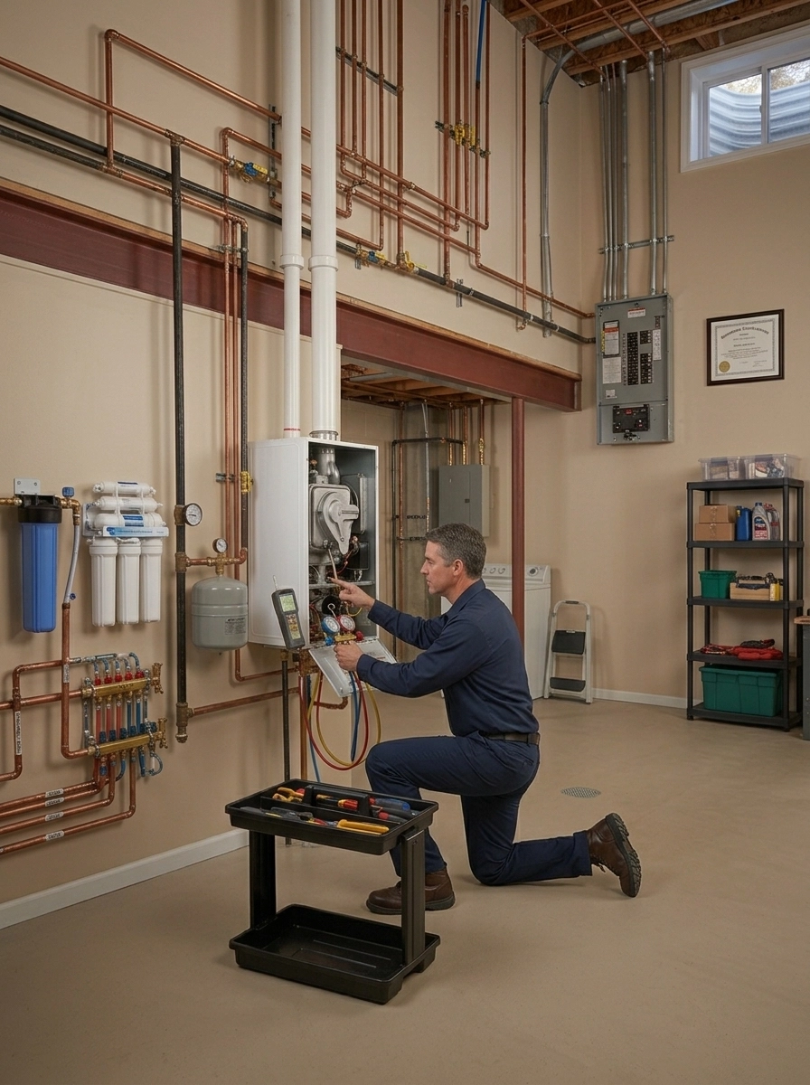 Technician performing boiler servicing in a utility room with pipes and equipment.