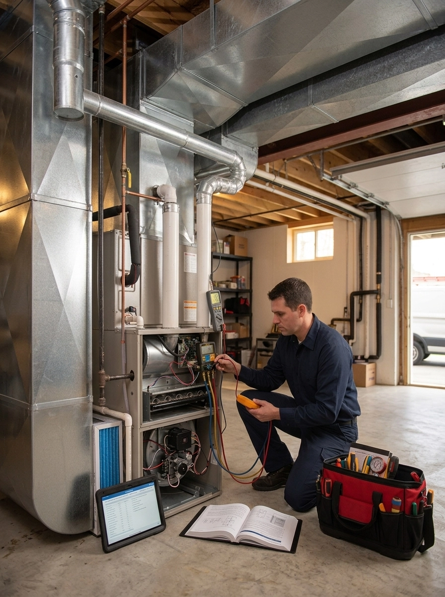 Technician performing maintenance on a furnace in a basement