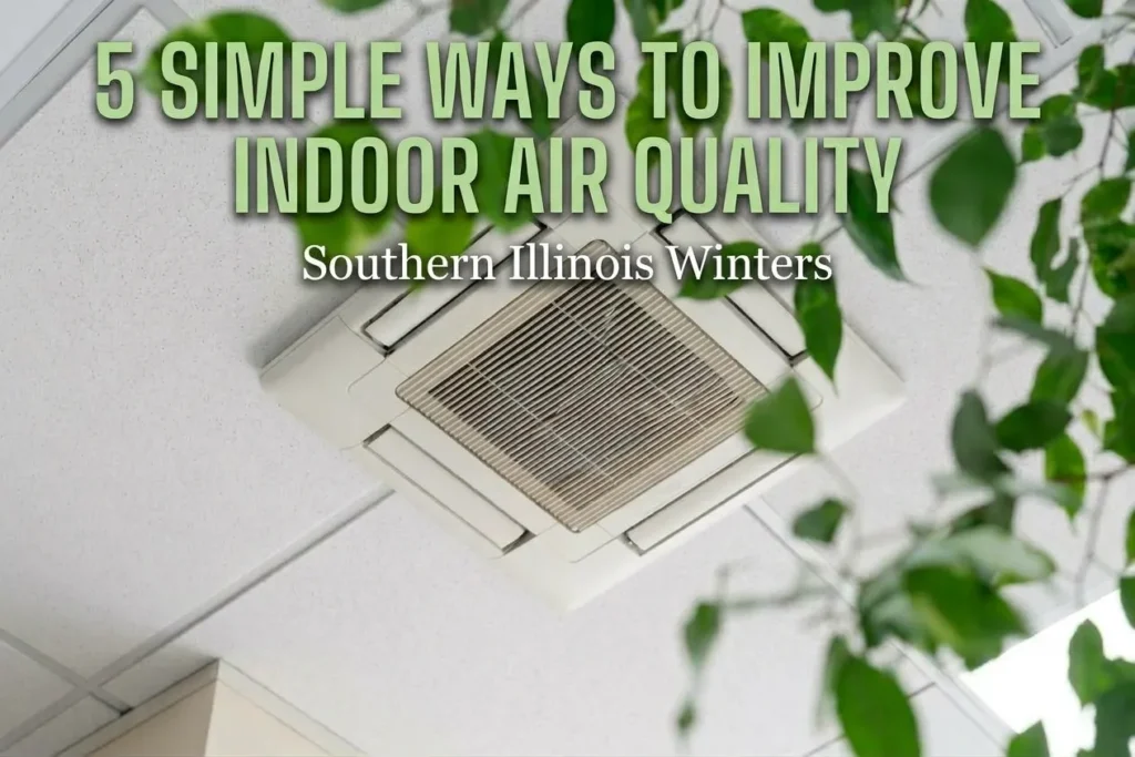 A ceiling-mounted HVAC ventilation unit framed by green leaves, featuring text overlay for improving indoor air quality in Herrin, IL.