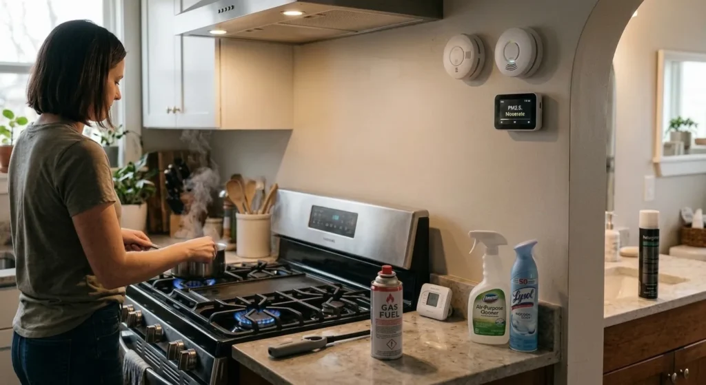 Woman cooking on a gas stove in a modern kitchen with safety devices visible.