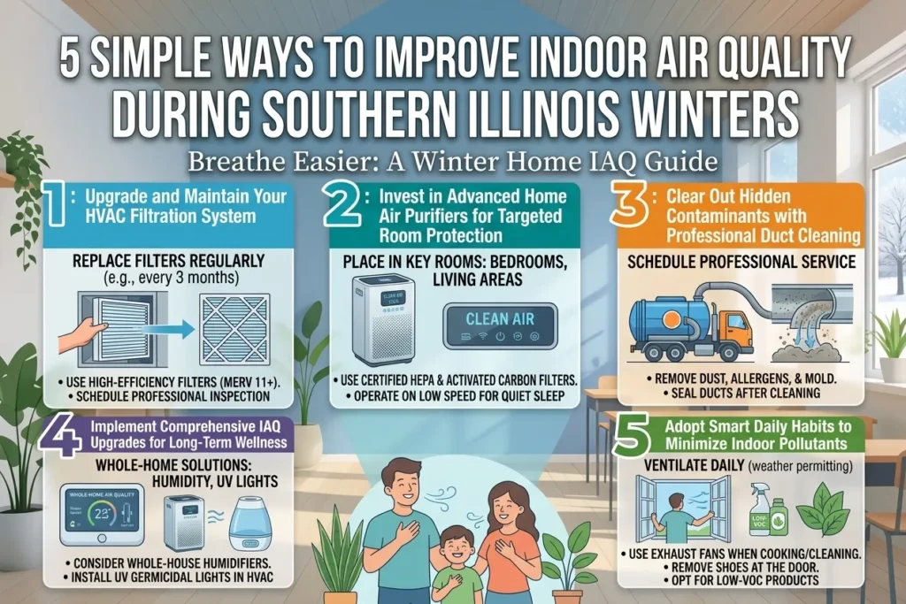 Infographic detailing 5 ways to improve indoor air quality in Southern Illinois during winter.