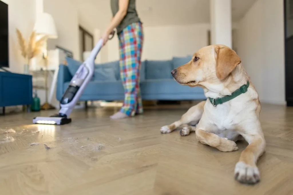 A dog lying on the floor while a person vacuums nearby.