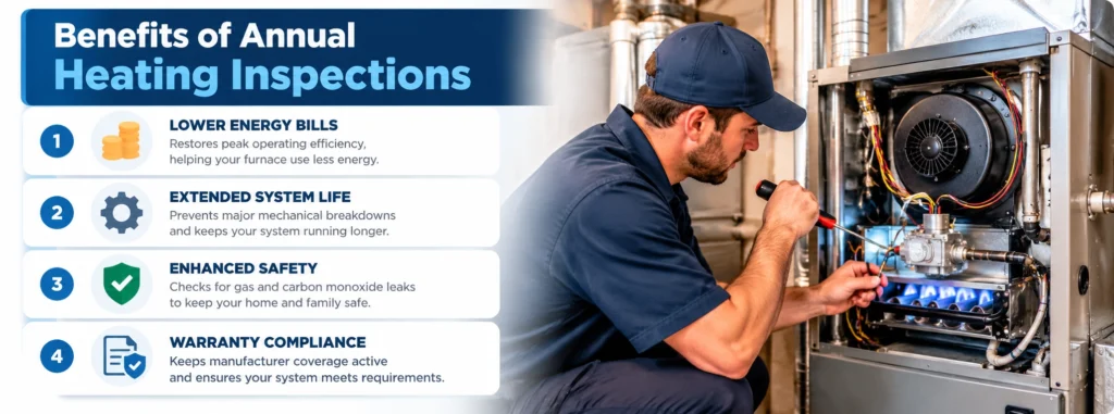 Infographic highlighting benefits of annual heating inspections with a technician working on a furnace.