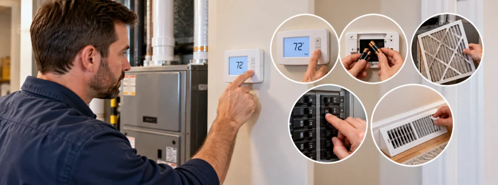 Person adjusting HVAC thermostat, surrounded by maintenance tasks like changing filters and checking circuit breakers.