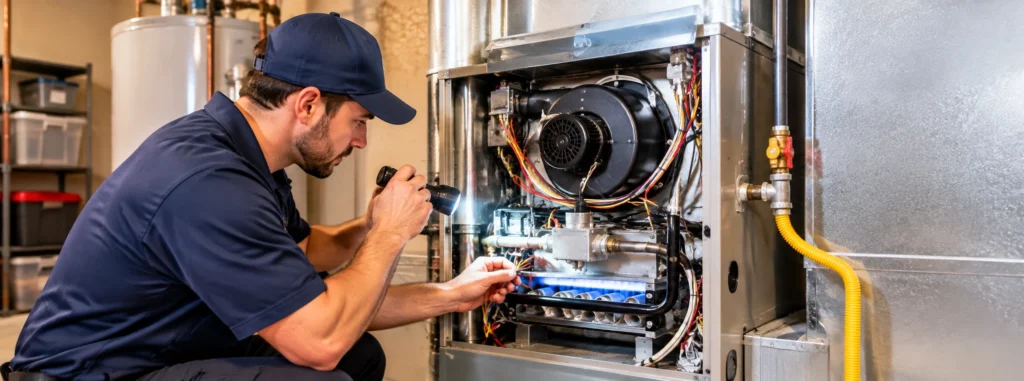 HVAC technician inspecting a furnace with a flashlight in a residential setting.