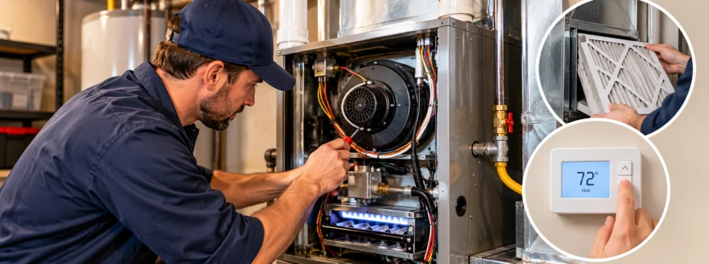 HVAC technician performing maintenance on a furnace with a digital thermostat and air filter.