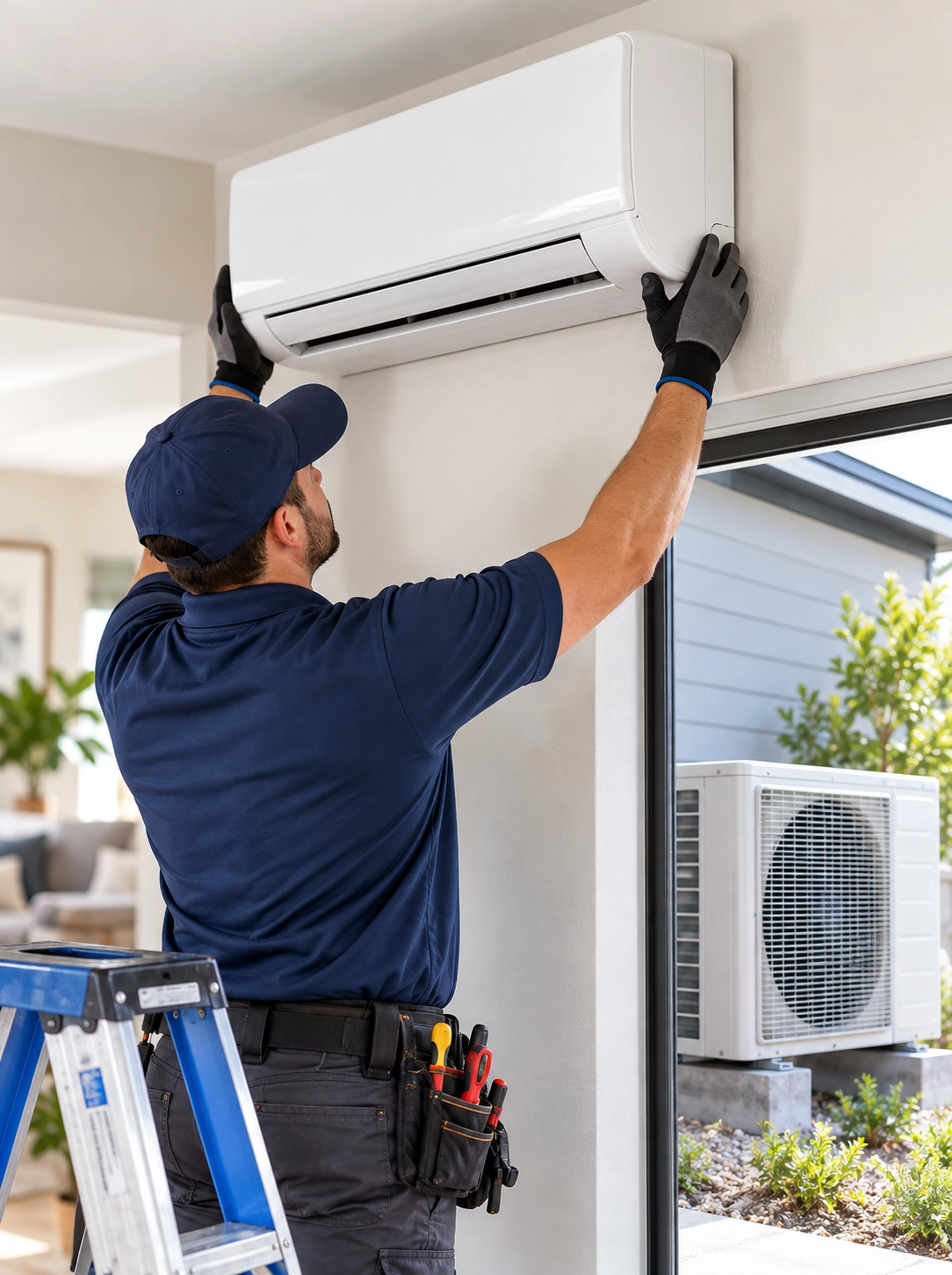 Technician installing a mini-split air conditioning unit indoors.