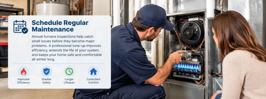Technician performing maintenance on a furnace with a homeowner observing.