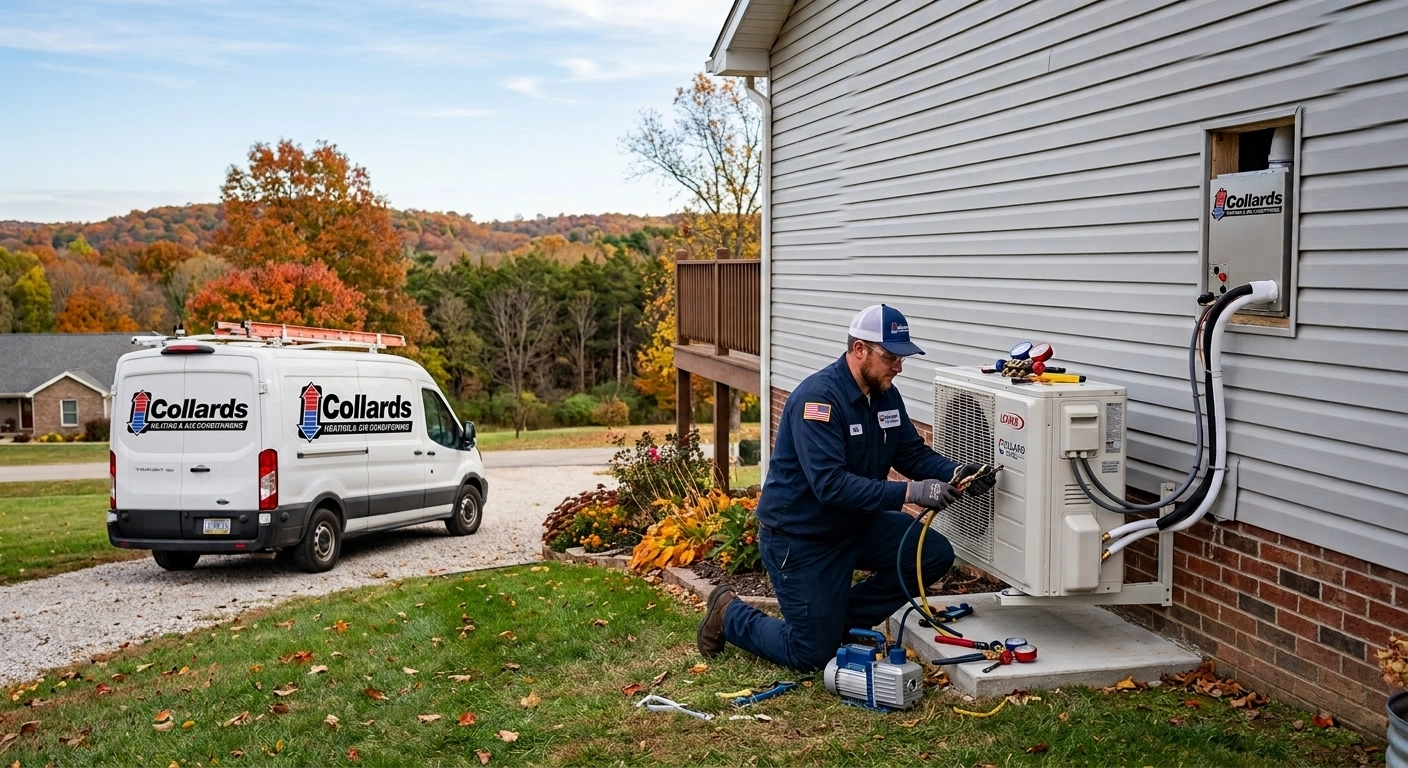 Technician installing a ductless heat pump outside a home with a service van nearby.