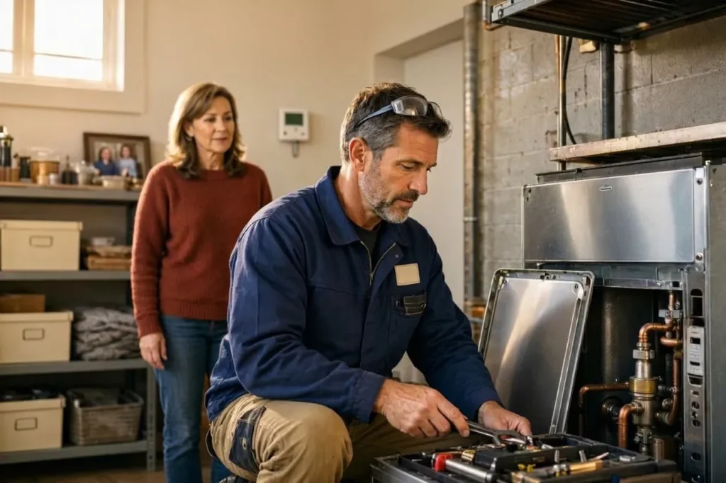 A technician repairs an appliance while a woman observes in a well-lit room.