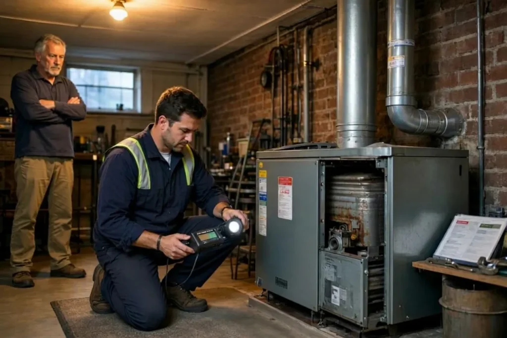 Technician inspecting a furnace with a flashlight while a man observes.