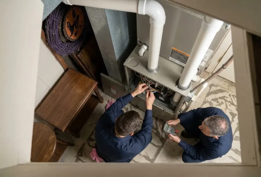 An overhead view of two technicians performing furnace services in Carbondale, IL, with one adjusting internal wires and the other using a multimeter to diagnose a technical issue in a home basement.