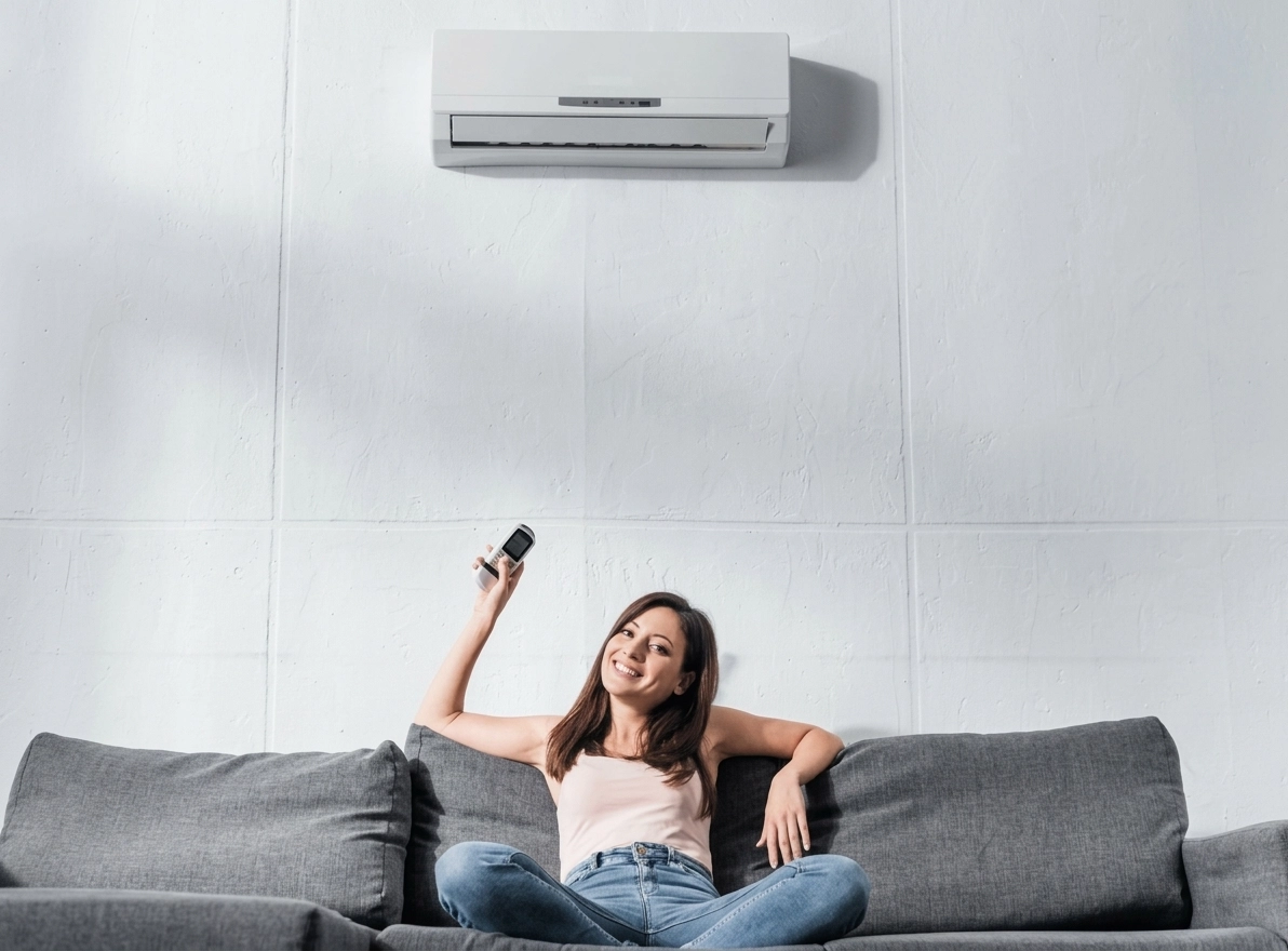 Woman relaxing on a couch with a remote control and a heat pump installed on the wall.