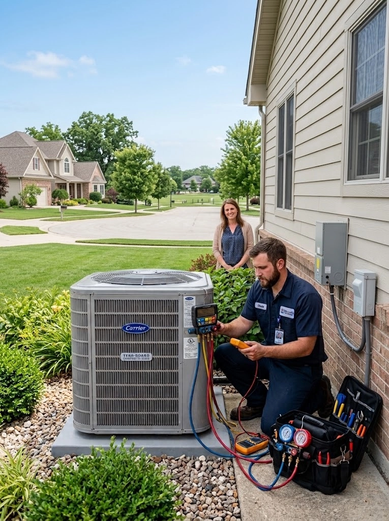 Technician servicing a heat pump outside a home with a customer observing.
